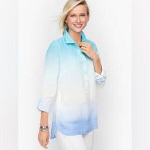 Talbots Button detail linen dip dye popover roll tab sleeve top, large petite.